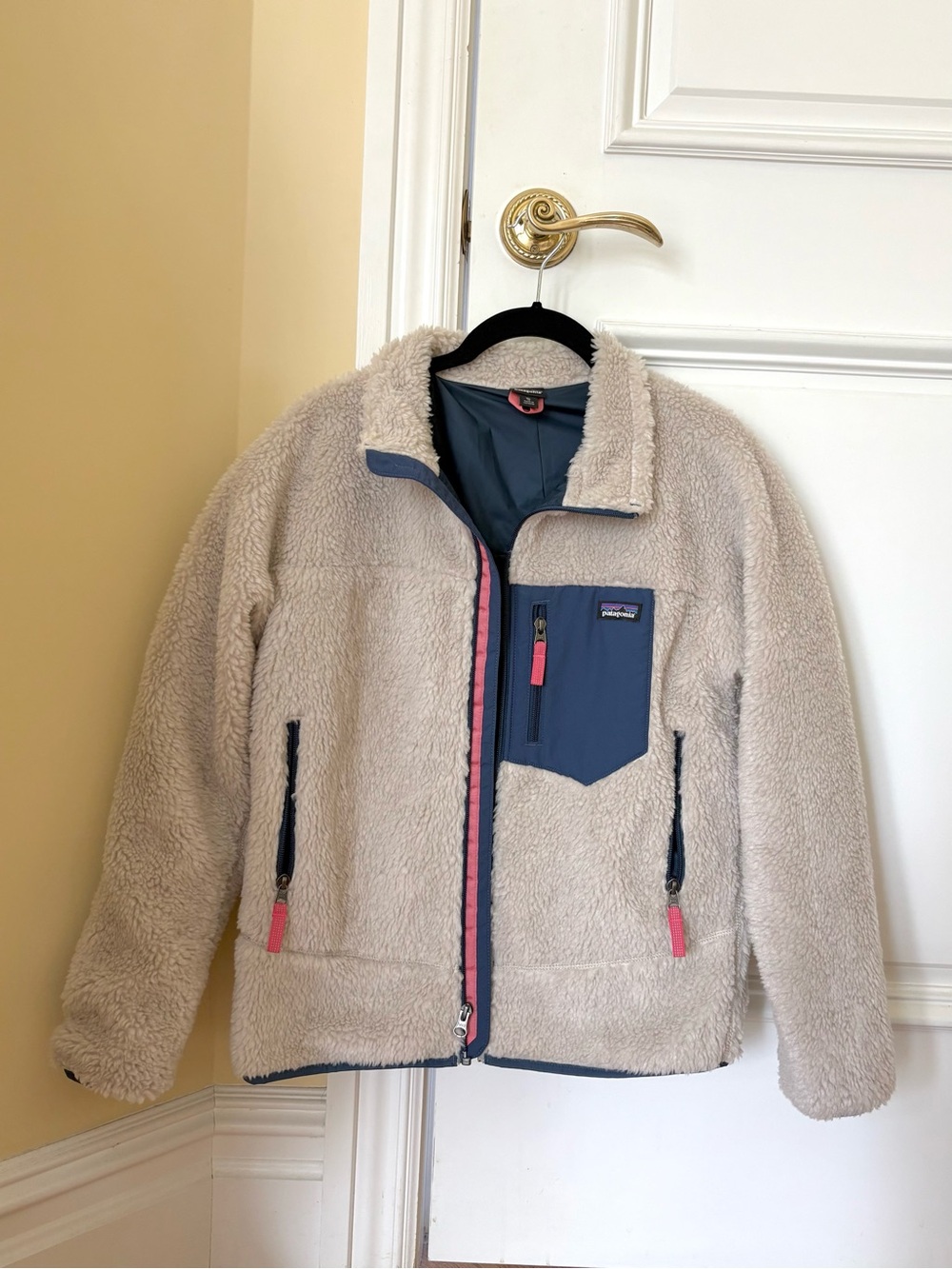 Patagonia Girls Retro-X Full Zip Jacket Zipped Pockets Beige Pink Blue Pink XL